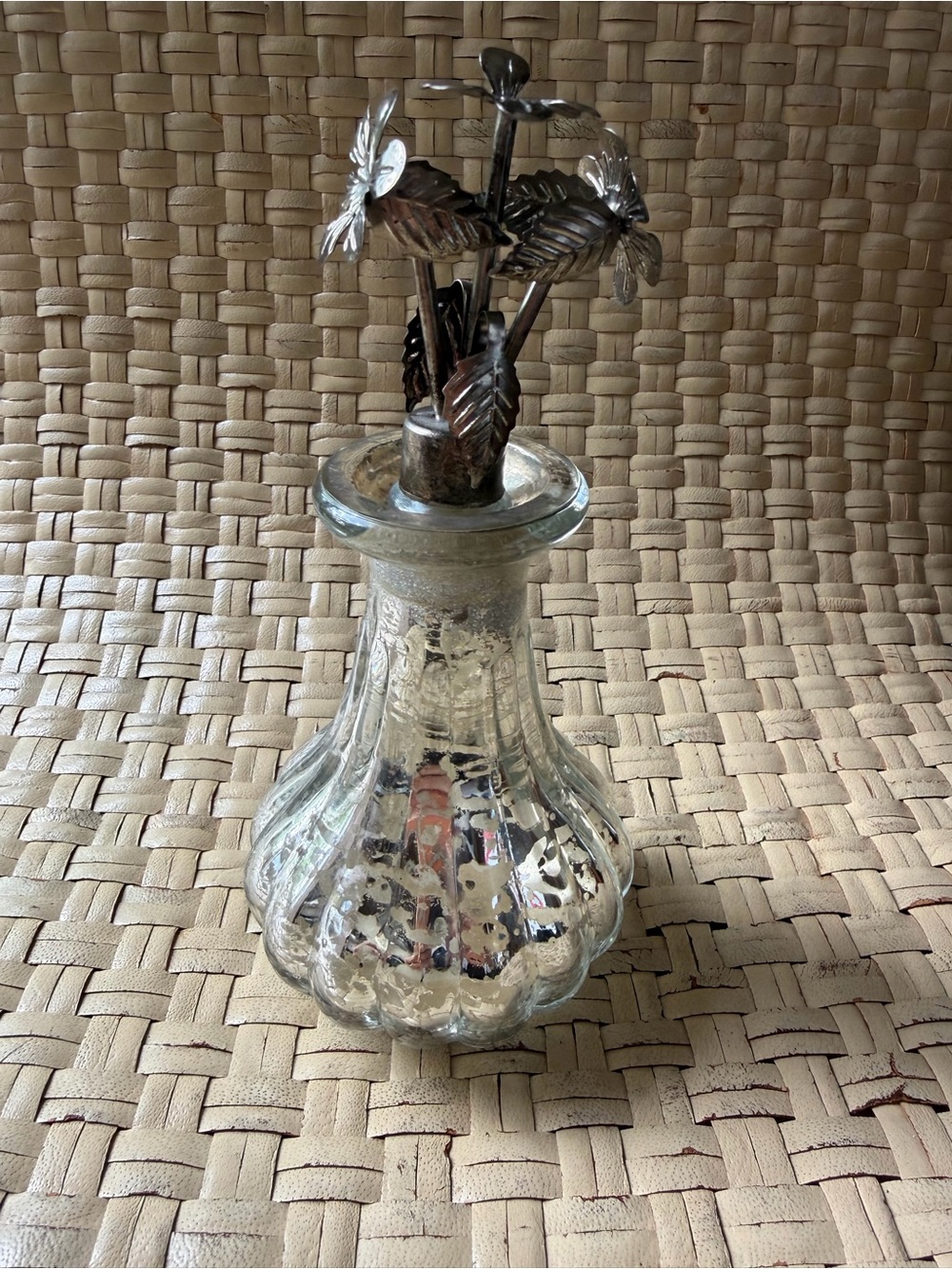 Vintage Mercury Glass Decanter Bottle & Silver Floral Leaves Stopper